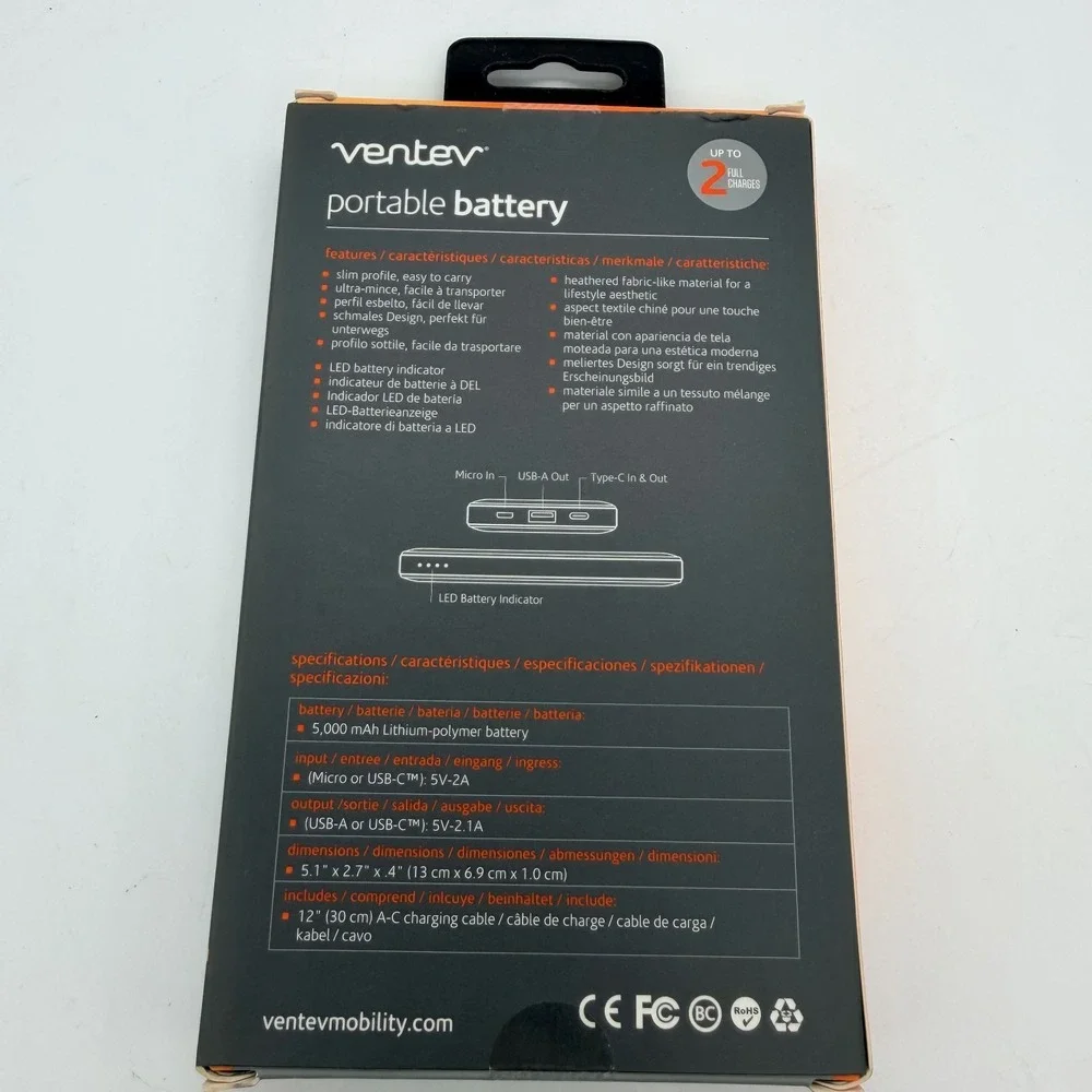 Ventev Black 5k mAh Lithium-polymer Portable Battery Portable Battery/Power Bank
